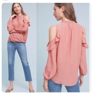 Anthropologie Maeve Liesel Blouse Cold Shoulder Ruffle Top Rose